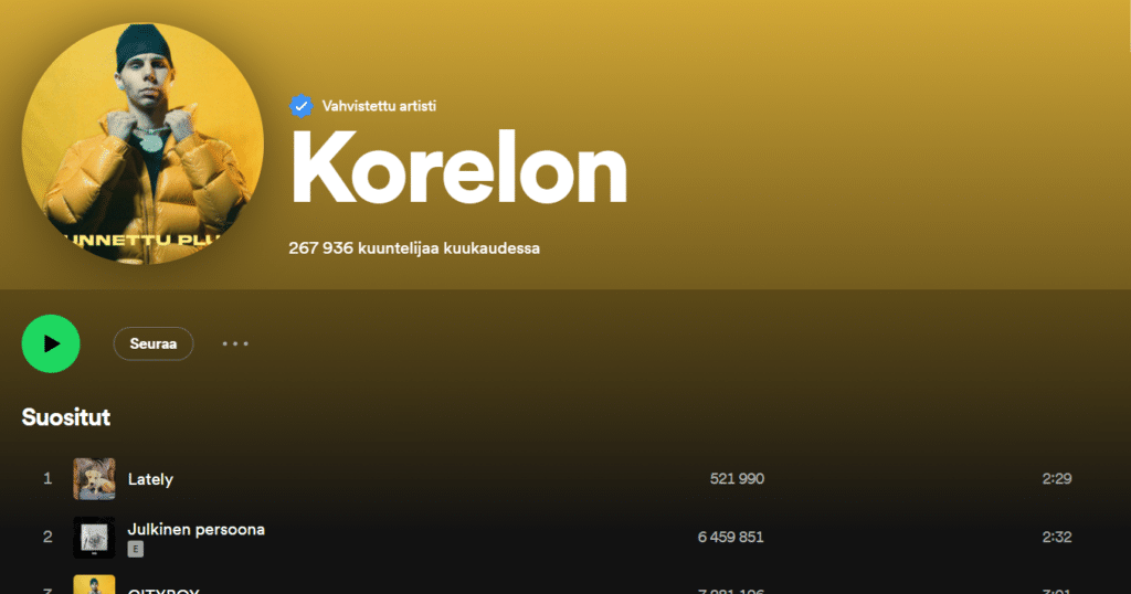 Kuvassa näkyy Spotify palvelun Korelonin artistisivu. Kuva näyttää että Korelonilla oli kuvan ottamisaikaan 267 936 kuuntelijaa kuukaudessa, ja hänen suosituimpiaan kappaleita Spotifyssä olivat "Lately" ja "Julkinen persoona"