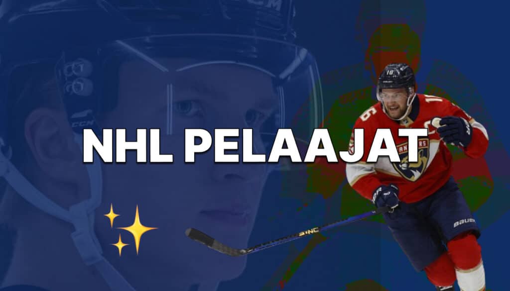 Suomalaisia NHL pelaajia. Taustalla näkyy Anton Lindellin kasvot, etualalla luistelee Aleksander Barkov. 