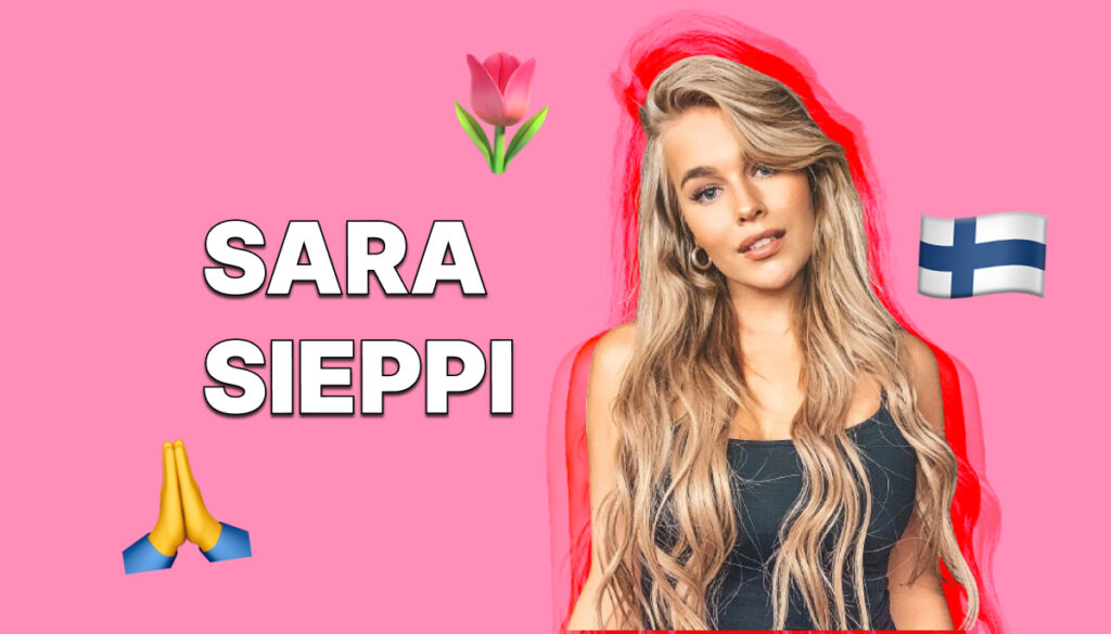 Sara Sieppi pinkillä taustalla. Kuvassa on myös Suomen lippu, kukkaemoji, ja kiittävät kädet -emoji.